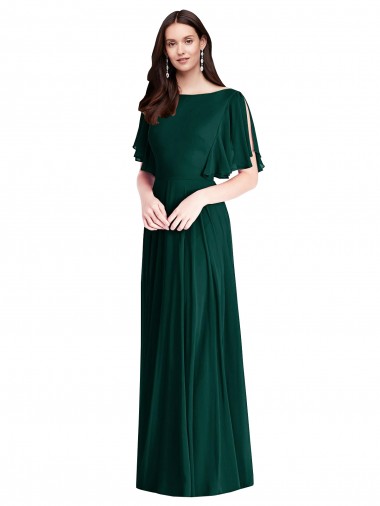 Bell Sleeves Ever Green V-Back A-Line Bateau Neck Semi Formal Evening Dress UK Factory