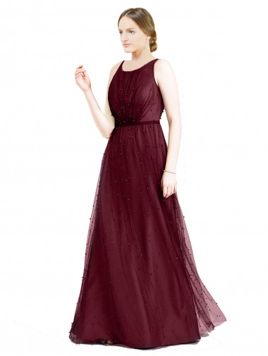 Sleeveless Burgundy Keyhole Back A-Line Boat Neck Semi Formal Evening Dress UK Factory