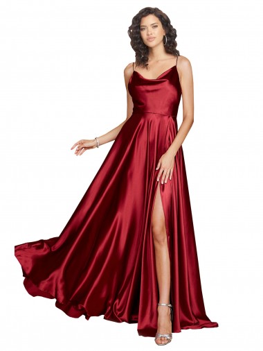 Sleeveless Burgundy Low Back A-Line Spaghetti Straps Black Tie Evening Dress UK Factory