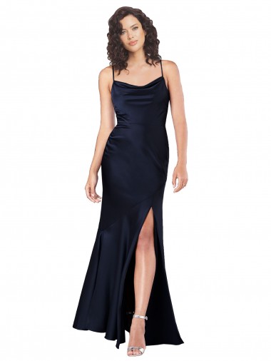 Sleeveless Dark Navy A-Line Cowl Neck Black Tie Evening Dress UK Factory