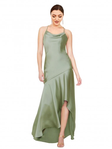 Sleeveless Smoke Green Criss Cross Open Back A-Line Cowl Neck High Low Evening Dress UK Factory