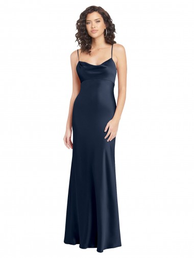 Sleeveless Dark Navy Open Back A-Line Cowl Neck Black Tie Evening Dress UK Factory