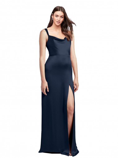 Sleeveless Dark Navy Low Back A-Line Cowl Neck Formal Evening Dress UK Factory