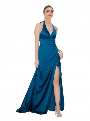 Sleeveless Peacock Blue Open Back A-Line Halter Neck Formal Evening Dress UK Factory