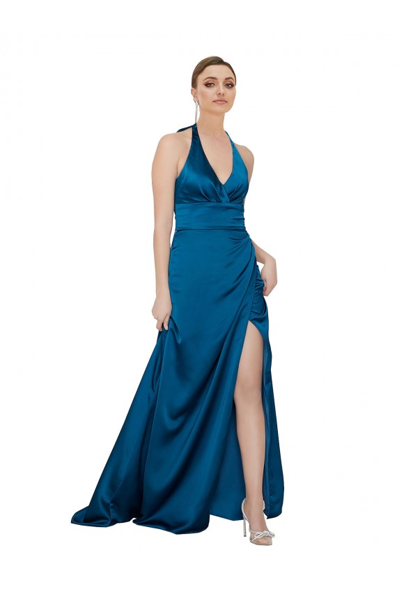 Sleeveless Peacock Blue Open Back A-Line Halter Neck Formal Evening Dress