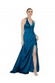 Sleeveless Peacock Blue Open Back A-Line Halter Neck Formal Evening Dress