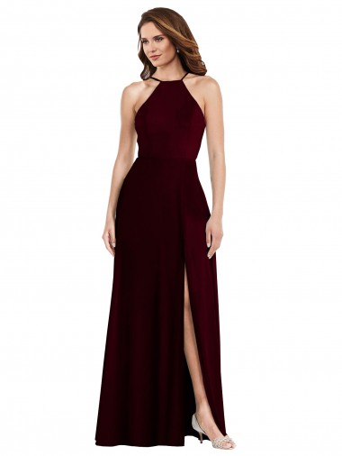 Sleeveless Burgundy Gold Low Back A-Line Spaghetti Straps Semi Formal Evening Dress UK Factory