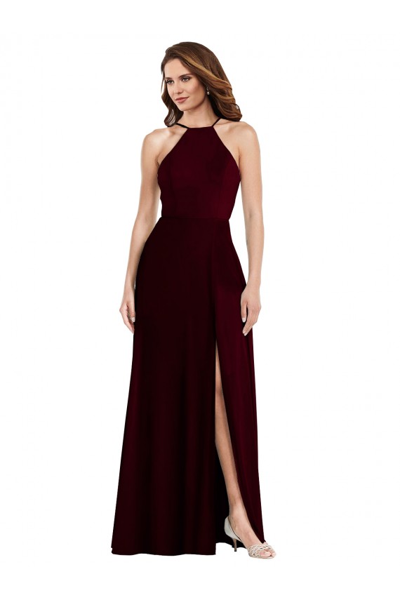 Sleeveless Burgundy Gold Low Back A-Line Spaghetti Straps Semi Formal Evening Dress