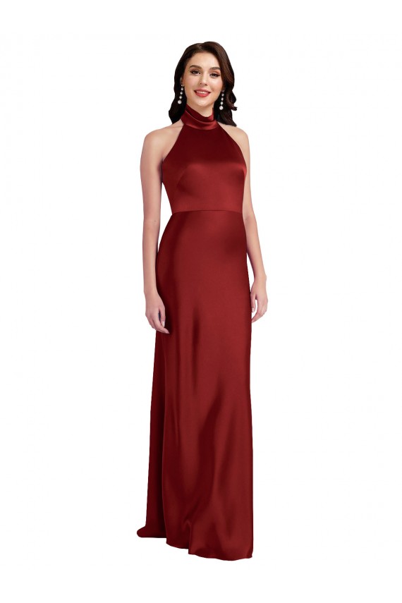 Sleeveless Burgundy Backless A-Line Halter Neck Black Tie Evening Dress