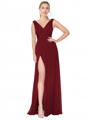 Sleeveless Burgundy V-Back A-Line V-Neck Black Tie Evening Dress UK Factory