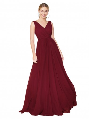 Sleeveless Burgundy V-Back A-Line V-Neck Formal Dress UK Factory