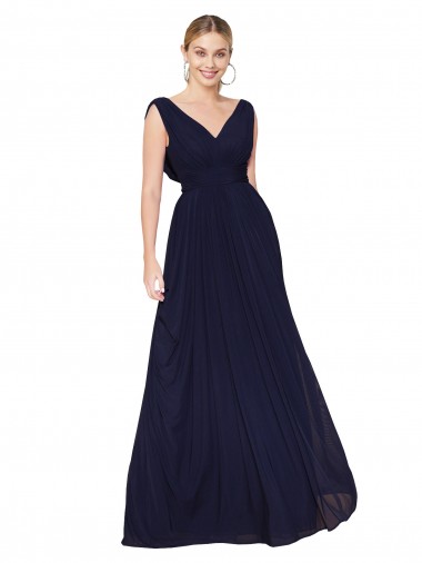 Sleeveless Dark Navy A-Line V-Neck Formal Evening Dress UK Factory