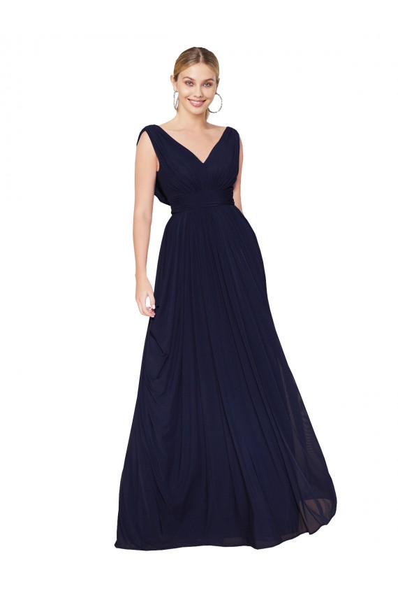 Sleeveless Dark Navy A-Line V-Neck Formal Evening Dress