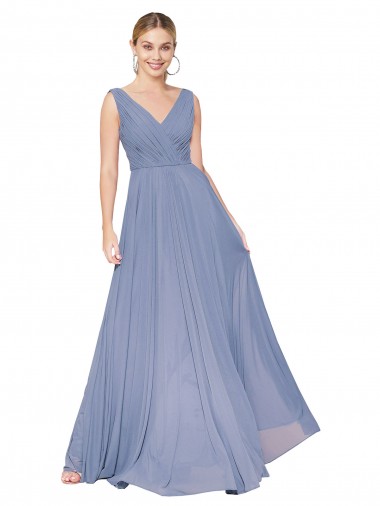 Sleeveless Dusty Blue V-Back A-Line V-Neck Formal Evening Dress UK Factory