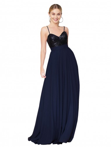 Sleeveless Dark Navy A-Line Spaghetti Straps Semi Formal Evening Dress UK Factory