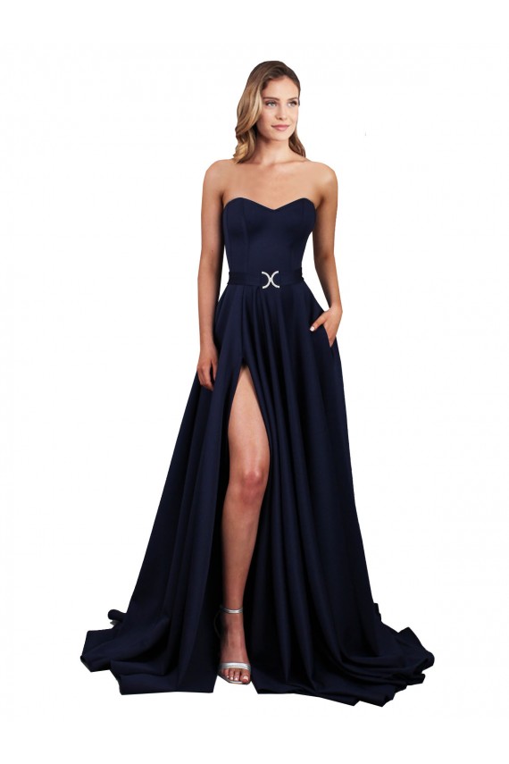 Sleeveless Dark Navy Low Back A-Line Sweetheart Formal Dress