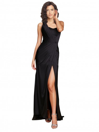 Sleeveless Black A-Line One Shoulder Evening Dress UK Factory