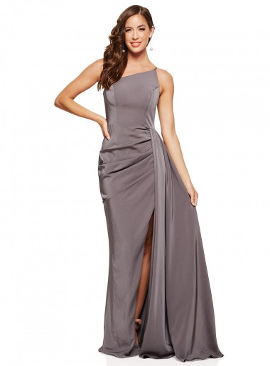 Sleeveless Slate Grey A-Line Silky Satin One Shoulder Formal Evening Dress UK Factory