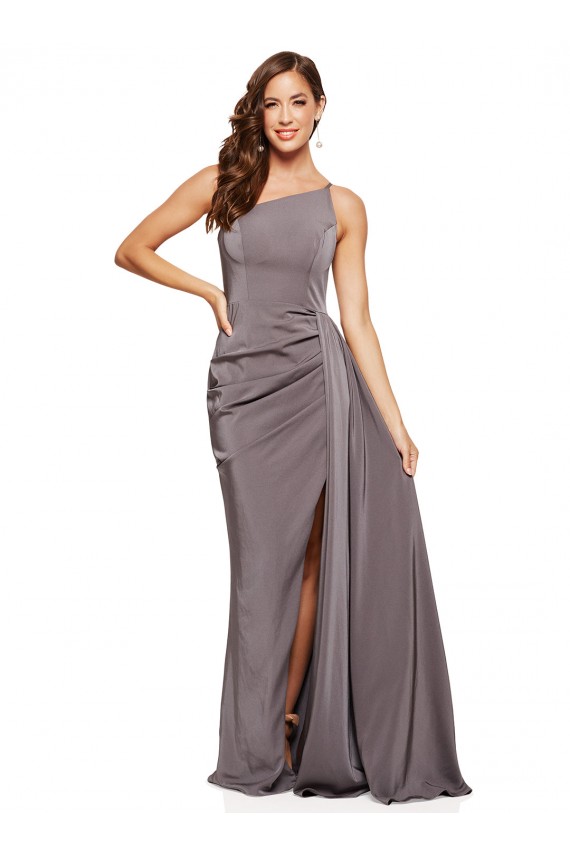 Sleeveless Slate Grey A-Line Silky Satin One Shoulder Formal Evening Dress