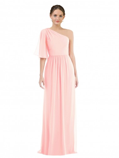 Bell Sleeves Pink A-Line One Shoulder Semi Formal Evening Dress UK Factory