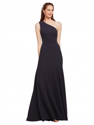 Sleeveless Dark Navy A-Line One Shoulder Formal Evening Dress UK Factory