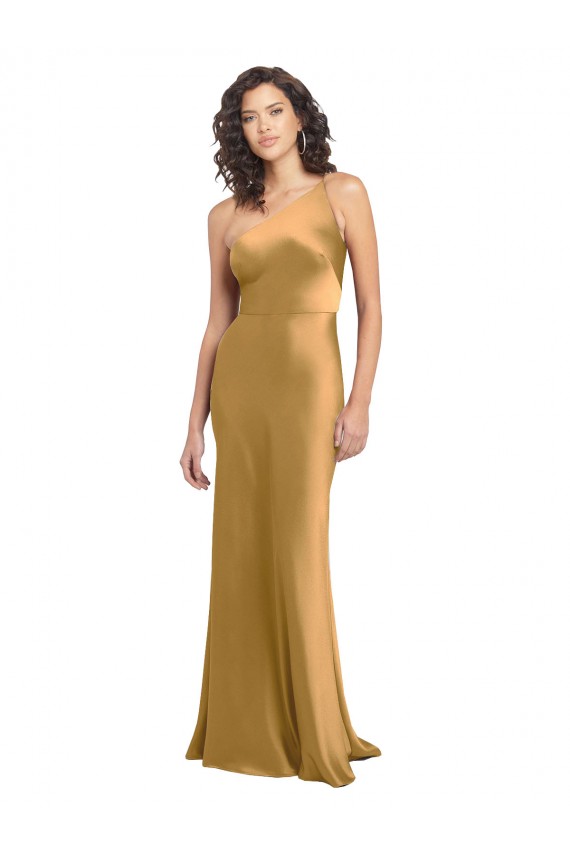 Sleeveless Gold A-Line Stretch Satin One Shoulder Formal Evening Dress