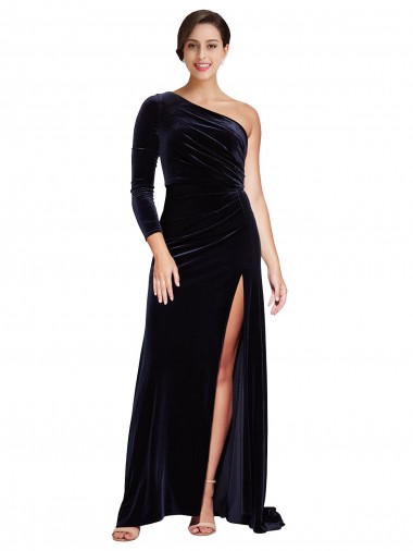 Long Sleeves Dark Navy A-Line One Shoulder Formal Evening Dress UK Factory