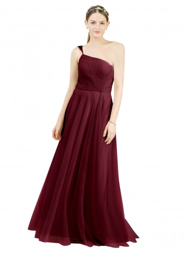 Sleeveless Burgundy A-Line Tulle One Shoulder Semi Formal Evening Dress UK Factory