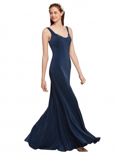 Sleeveless Dark Navy Low Back A-Line Round Neck Evening Dress UK Factory