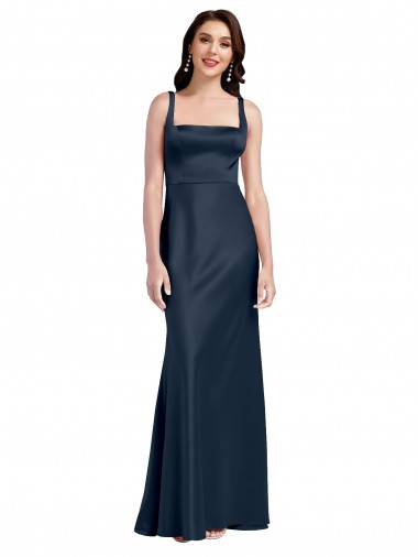 Sleeveless Dark Navy Low Back A-Line Square Neck Formal Evening Dress UK Factory