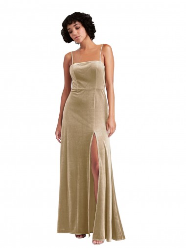 Sleeveless Champagne Low Back A-Line Square Neck Formal Evening Dress UK Factory