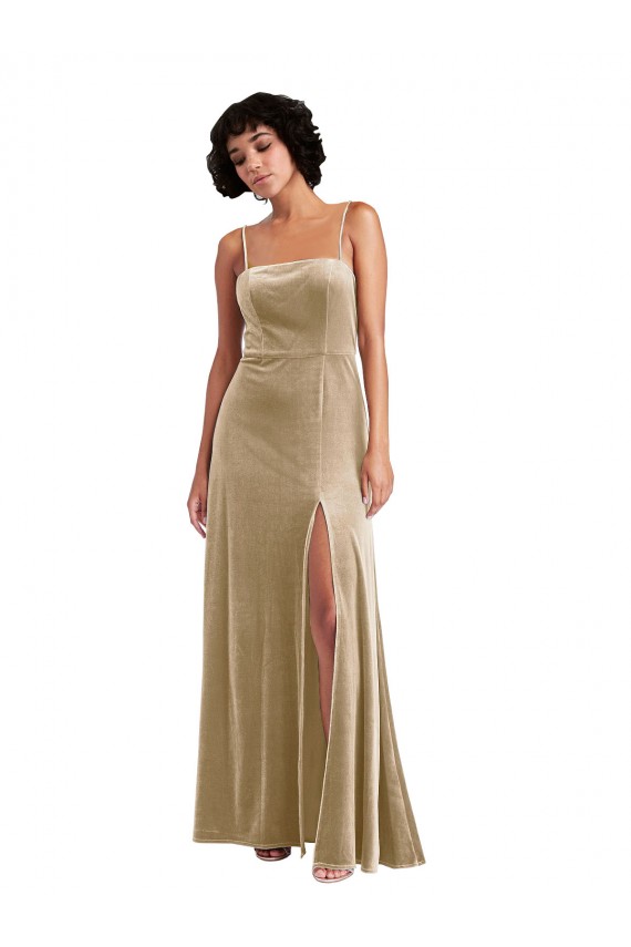 Sleeveless Champagne Low Back A-Line Square Neck Formal Evening Dress