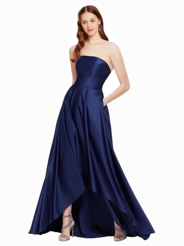 Sleeveless Dark Navy Low Back A-Line Strapless High Low Evening Dress UK Factory