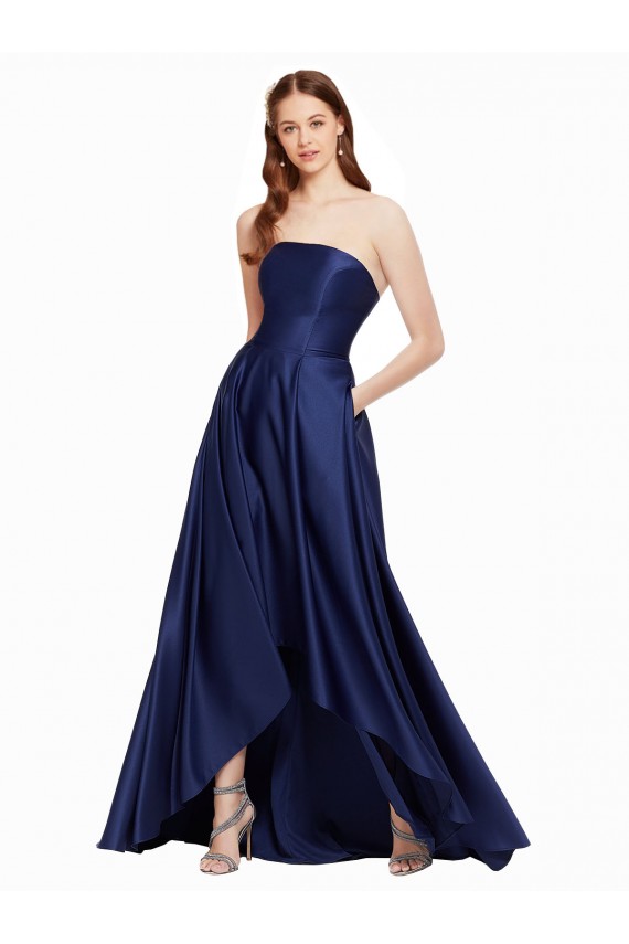 Sleeveless Dark Navy Low Back A-Line Strapless High Low Evening Dress