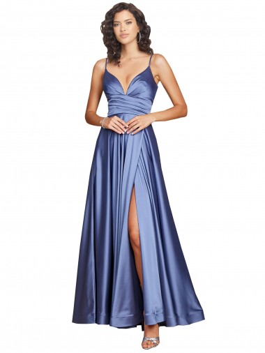 Sleeveless French Blue Low Back A-Line Spaghetti Straps Black Tie Evening Dress UK Factory