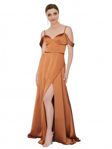 Cold Shoulder Orange Low Back A-Line Spaghetti Straps Formal Evening Dress UK Factory