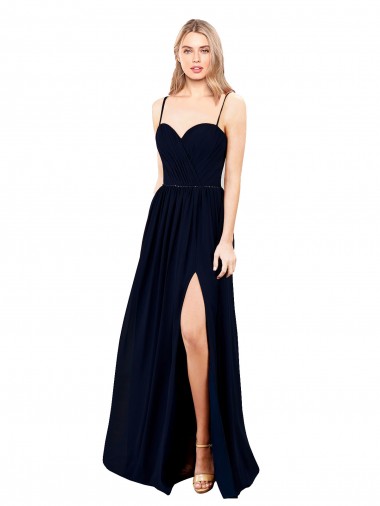 Sleeveless Dark Navy A-Line Spaghetti Straps Formal Evening Dress UK Factory