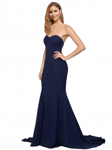 Sleeveless Dark Navy Low Back A-Line Sweetheart Formal Evening Gown UK Factory