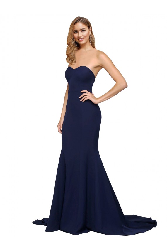 Sleeveless Dark Navy Low Back A-Line Sweetheart Formal Evening Gown