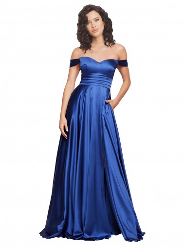 Sleeveless Royal Blue A-Line Off the Shoulder Formal Evening Dress UK Factory