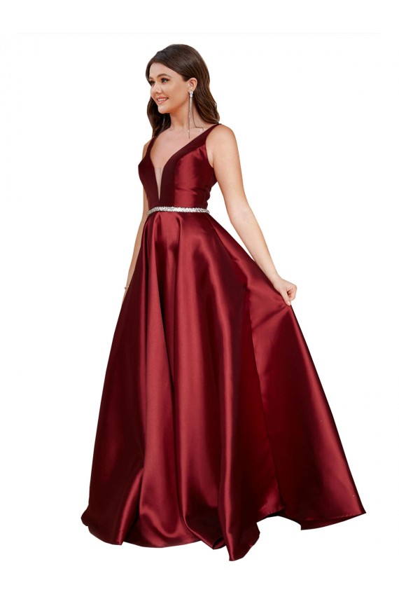 Sleeveless Burgundy V-Back A-Line V-Neck Formal Plus Size Evening Dress