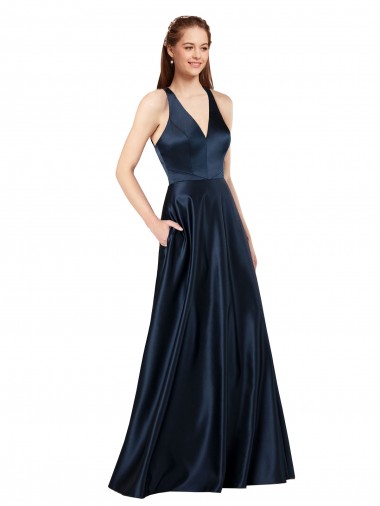 Sleeveless Dark Navy Keyhole Back A-Line V-Neck Formal Evening Dress UK Factory