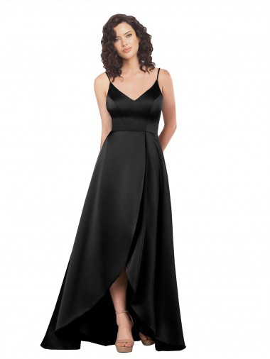 Sleeveless Black Low Back A-Line V-Neck High Low Evening Dress UK Factory