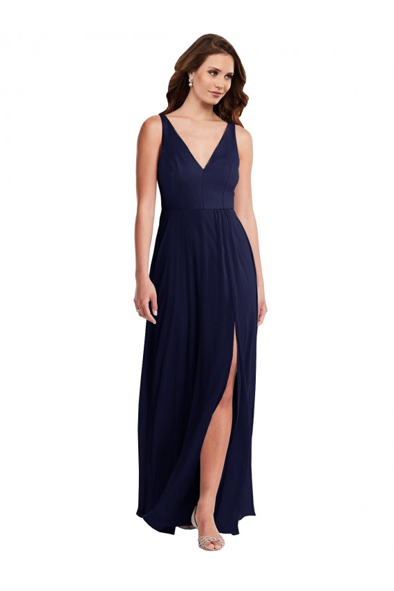 Sleeveless Dark Navy V-Back A-Line V-Neck Black Tie Evening Dress