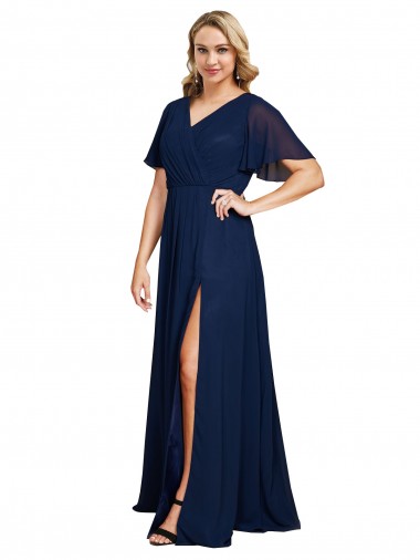 Short Flutter Sleeves Dark Navy A-Line V-Neck Formal Plus Size Evening Dress UK Factory