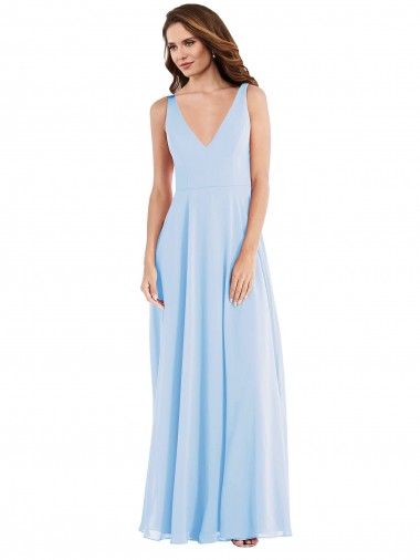 Sleeveless Light Sky Blue A-Line V-Neck Semi Formal Evening Dress UK Factory