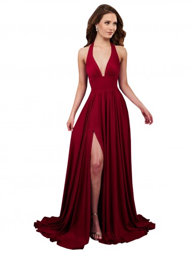 Sleeveless Burgundy Open Back A-Line Halter Neck Black Tie Evening Dress UK Factory