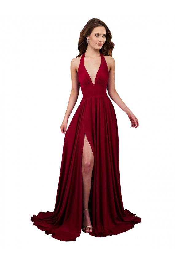 Sleeveless Burgundy Open Back A-Line Halter Neck Black Tie Evening Dress