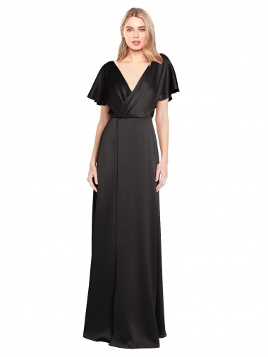 Cap Sleeves Black Open Back A-Line V-Neck Evening Dress UK Factory