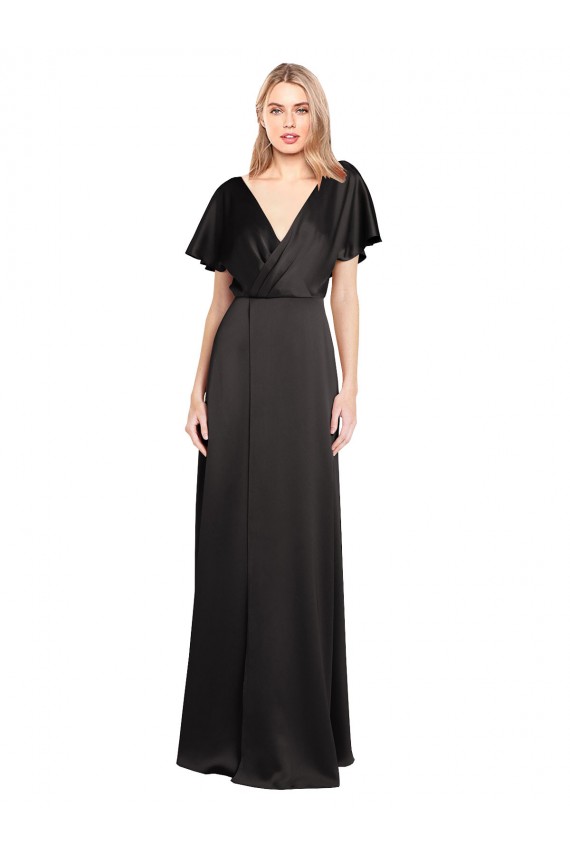 Cap Sleeves Black Open Back A-Line V-Neck Evening Dress